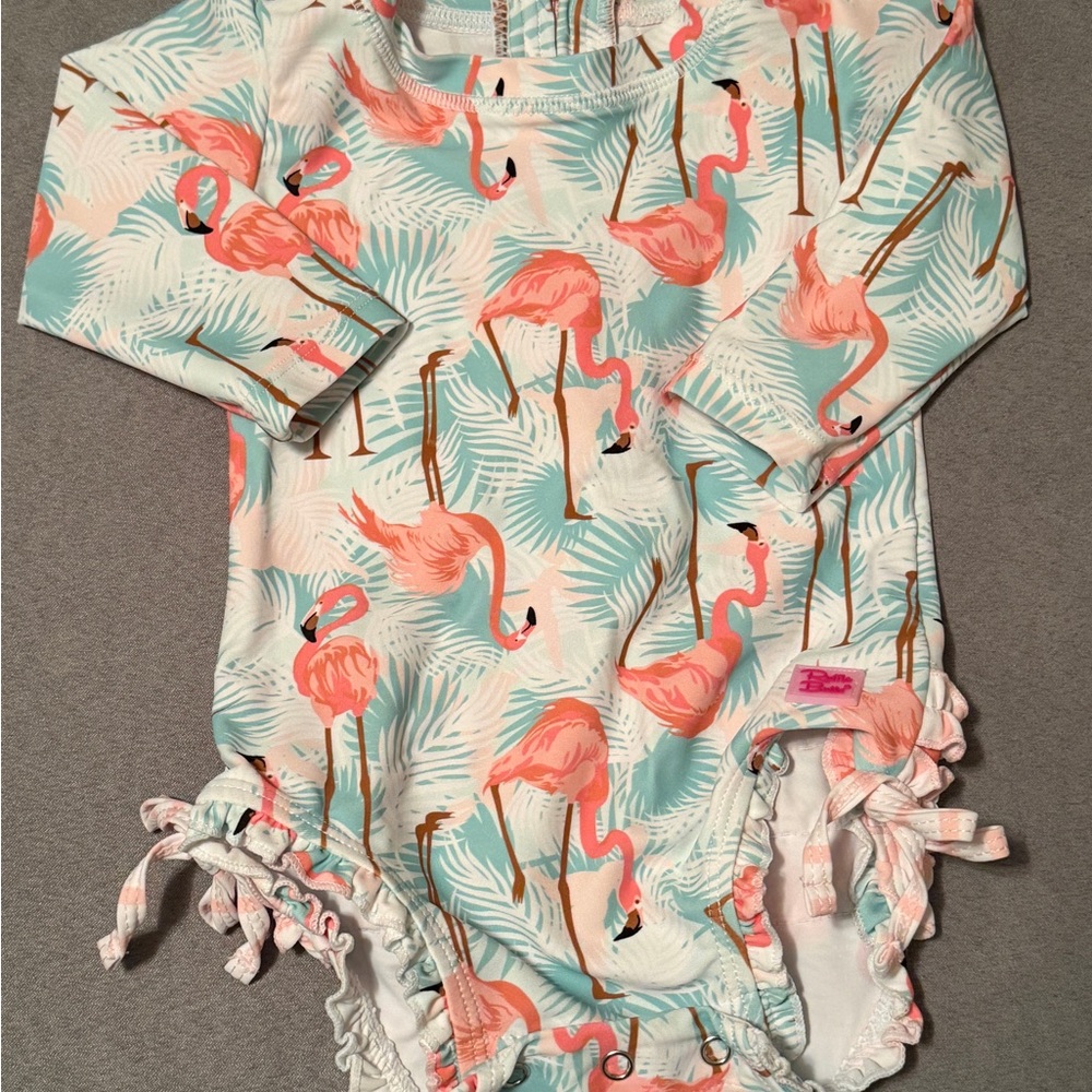Rufflebutts Flamingo Long-Sleeve Swimsuit - Pink & Aqua 6-12M